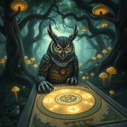 An owlin, a humanoid owl creature, engaged in a game of crokinole, surrounded by a lush and enchanting forest filled with ancient trees and glowing mushrooms