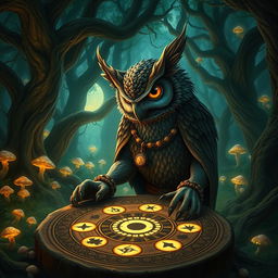An owlin, a humanoid owl creature, engaged in a game of crokinole, surrounded by a lush and enchanting forest filled with ancient trees and glowing mushrooms