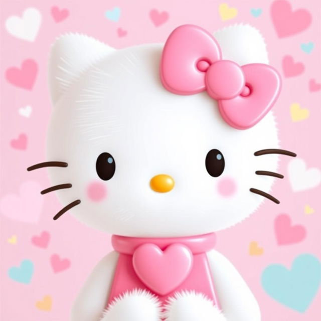 Hello Kitty with snow-white fur, wearing a pink bow and a collar with a matching pink heart
