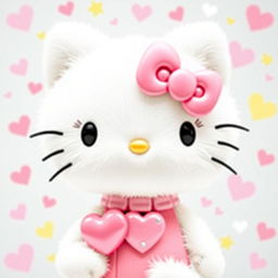 Hello Kitty with snow-white fur, wearing a pink bow and a collar with a matching pink heart