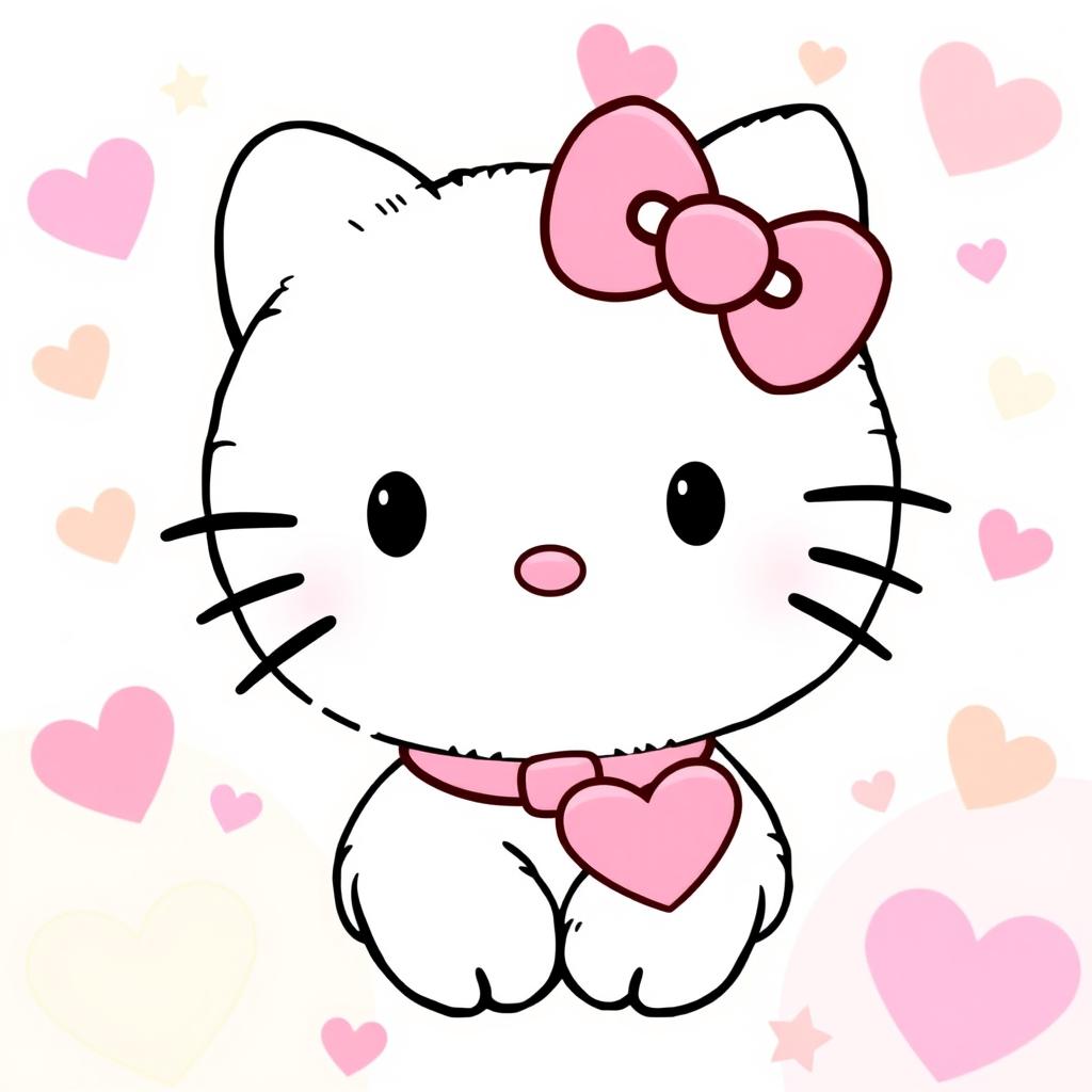 Hello Kitty with snow-white fur, wearing a pink bow and a collar with a matching pink heart