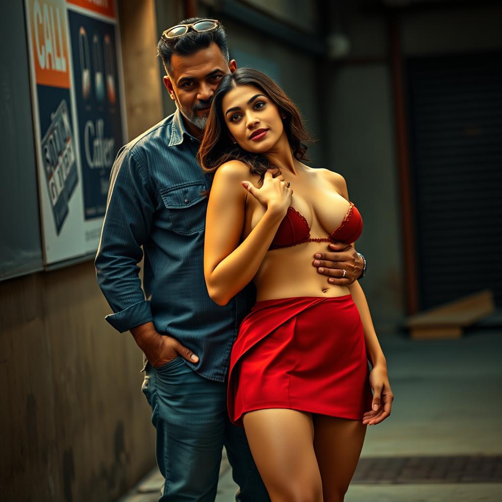 A full-length intimate couple photoshoot featuring a 22-year-old attractive Arab woman with sexy curves, showcasing her seductive thighs and a hot skirted bottom that accentuates her figure, including her sexy boobs and hot navel