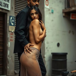 Full length intimate couple photoshoot featuring a hot 22-year-old Arab woman with sexy features, showcasing her alluring body in a transparent skirted bottom that highlights her curves