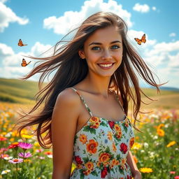 A stunning young woman with flowing, long dark hair cascading down her shoulders