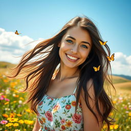 A stunning young woman with flowing, long dark hair cascading down her shoulders