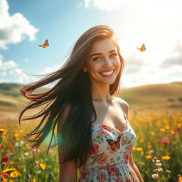 A stunning young woman with flowing, long dark hair cascading down her shoulders
