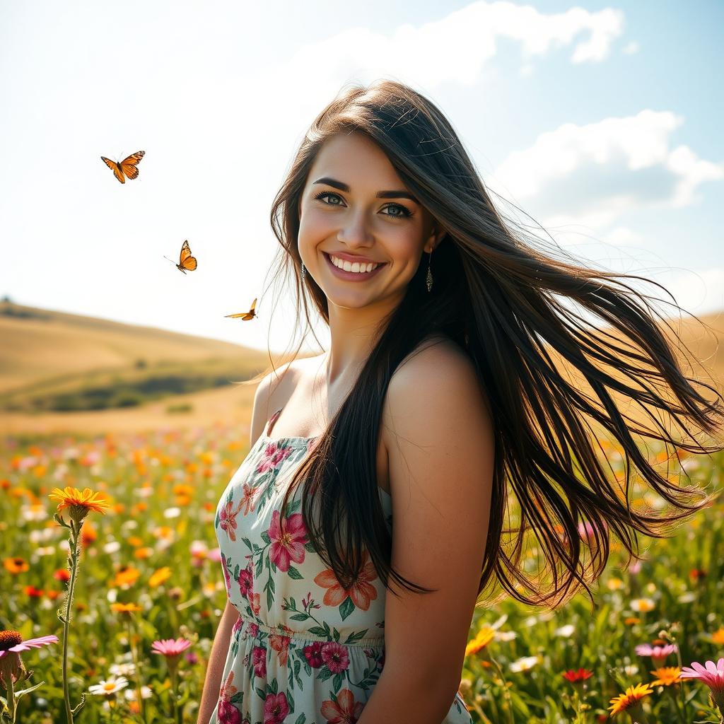 A stunning young woman with flowing, long dark hair cascading down her shoulders