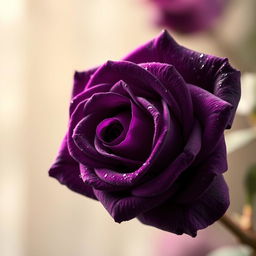 A stunning violet rose with deep, rich black accents, showcasing its layers of velvety petals