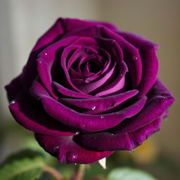 A stunning violet rose with deep, rich black accents, showcasing its layers of velvety petals