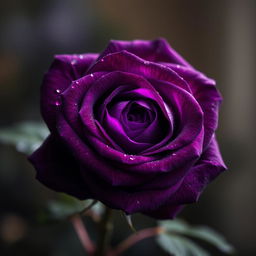 A stunning violet rose with deep, rich black accents, showcasing its layers of velvety petals
