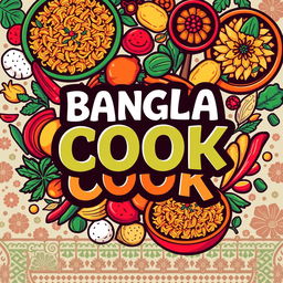 A vibrant and colorful graphic design featuring the bold text 'BANGLA COOK BANGLA COOK' in an artistic and eye-catching font