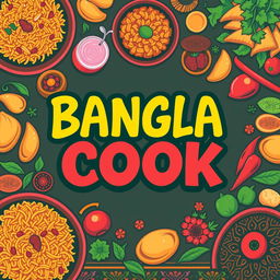 A vibrant and colorful graphic design featuring the bold text 'BANGLA COOK BANGLA COOK' in an artistic and eye-catching font