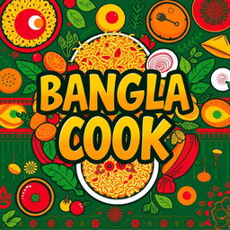 A vibrant and colorful graphic design featuring the bold text 'BANGLA COOK BANGLA COOK' in an artistic and eye-catching font