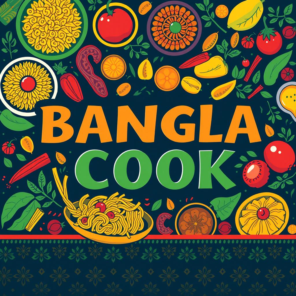 A vibrant and colorful graphic design featuring the bold text 'BANGLA COOK BANGLA COOK' in an artistic and eye-catching font