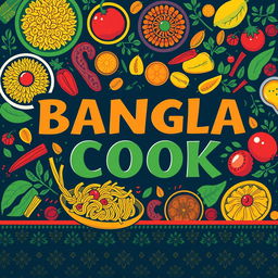 A vibrant and colorful graphic design featuring the bold text 'BANGLA COOK BANGLA COOK' in an artistic and eye-catching font