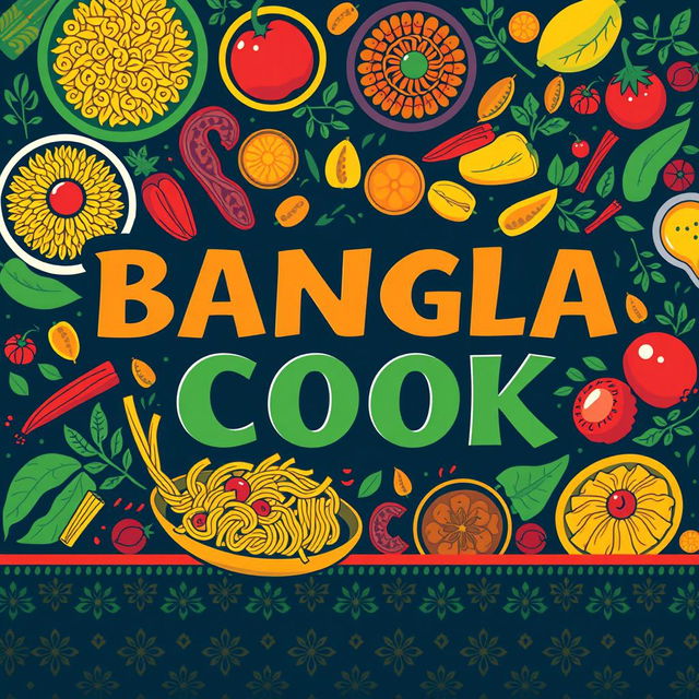 A vibrant and colorful graphic design featuring the bold text 'BANGLA COOK BANGLA COOK' in an artistic and eye-catching font