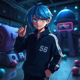 A person inspired by Squid Game, dressed in the iconic tracksuit of player 456, featuring a blue-haired character striking a confident pose