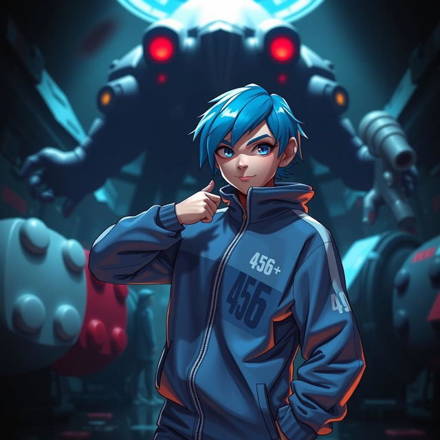 A person inspired by Squid Game, dressed in the iconic tracksuit of player 456, featuring a blue-haired character striking a confident pose