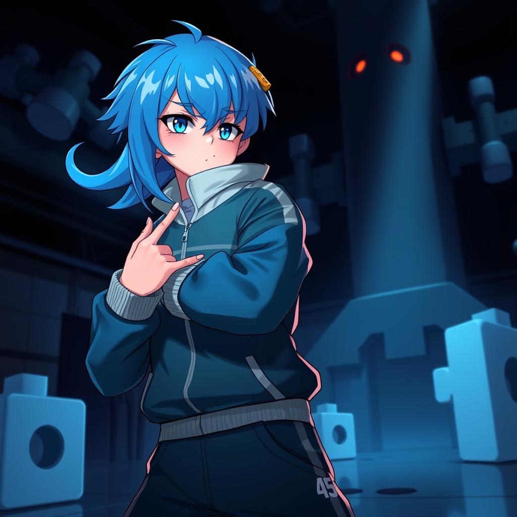 A person inspired by Squid Game, dressed in the iconic tracksuit of player 456, featuring a blue-haired character striking a confident pose