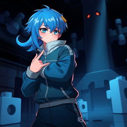 A person inspired by Squid Game, dressed in the iconic tracksuit of player 456, featuring a blue-haired character striking a confident pose