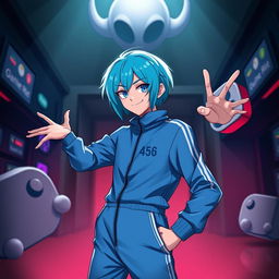 A person inspired by Squid Game, dressed in the iconic tracksuit of player 456, featuring a blue-haired character striking a confident pose