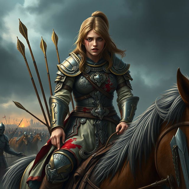 A warrior girl in intricately designed armor, strong and fierce, is depicted on horseback, her expression a mix of pain and desperation as she suffers from a grievous injury