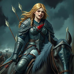 A warrior girl in intricately designed armor, strong and fierce, is depicted on horseback, her expression a mix of pain and desperation as she suffers from a grievous injury