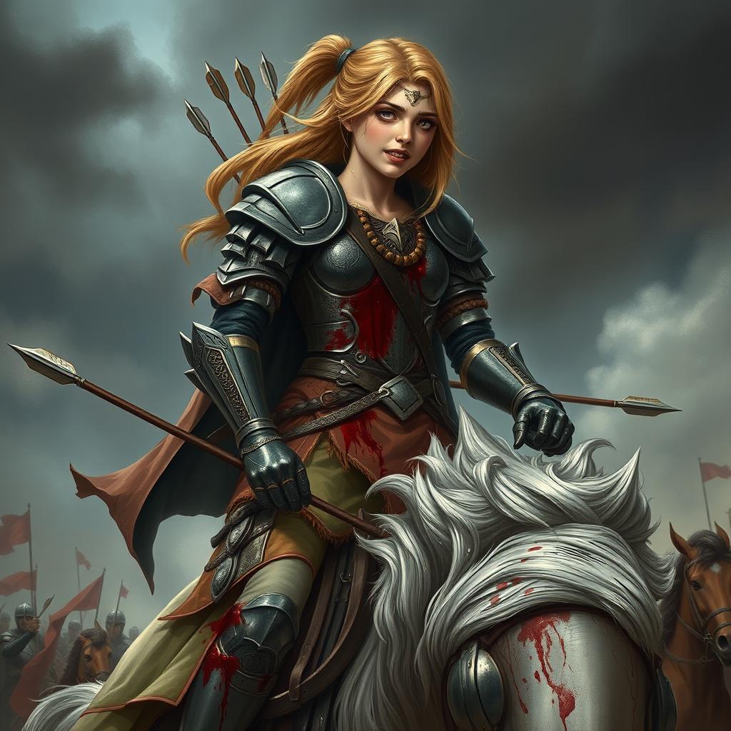 A warrior girl in intricately designed armor, strong and fierce, is depicted on horseback, her expression a mix of pain and desperation as she suffers from a grievous injury