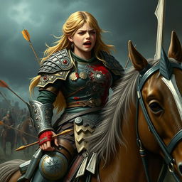 A warrior girl in intricately designed armor, strong and fierce, is depicted on horseback, her expression a mix of pain and desperation as she suffers from a grievous injury