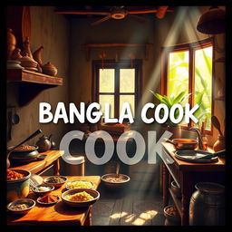 A vibrant and colorful depiction of a traditional Bangladeshi kitchen, with the words 'BANGLA COOK' artistically integrated into the scene