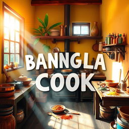 A vibrant and colorful depiction of a traditional Bangladeshi kitchen, with the words 'BANGLA COOK' artistically integrated into the scene