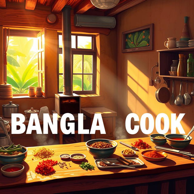 A vibrant and colorful depiction of a traditional Bangladeshi kitchen, with the words 'BANGLA COOK' artistically integrated into the scene