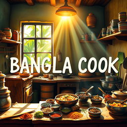 A vibrant and colorful depiction of a traditional Bangladeshi kitchen, with the words 'BANGLA COOK' artistically integrated into the scene
