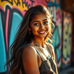 A stunningly beautiful 17-year-old girl with a captivating smile and vibrant personality, wearing a fashionable outfit and posing confidently against a colorful urban backdrop