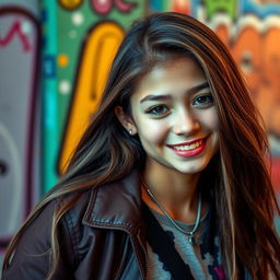 A stunningly beautiful 17-year-old girl with a captivating smile and vibrant personality, wearing a fashionable outfit and posing confidently against a colorful urban backdrop