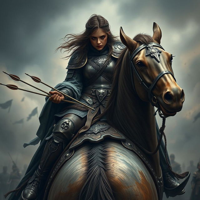 A fierce warrior girl in ornate, battle-worn armor, seated on a majestic horseback