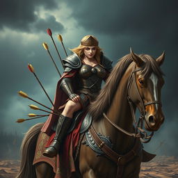 A fierce warrior girl in ornate, battle-worn armor, seated on a majestic horseback
