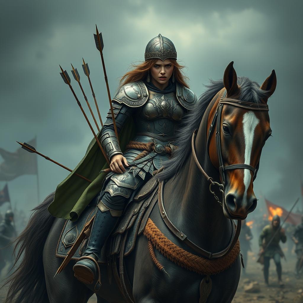 A fierce warrior girl in ornate, battle-worn armor, seated on a majestic horseback