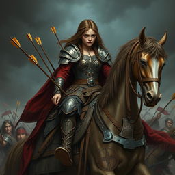 A fierce warrior girl in ornate, battle-worn armor, seated on a majestic horseback
