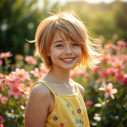 A girl with short, stylish hair, showcasing a bright smile, standing in a vibrant outdoor setting filled with blooming flowers