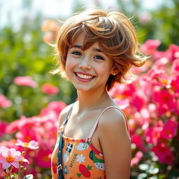 A girl with short, stylish hair, showcasing a bright smile, standing in a vibrant outdoor setting filled with blooming flowers