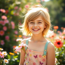 A girl with short, stylish hair, showcasing a bright smile, standing in a vibrant outdoor setting filled with blooming flowers