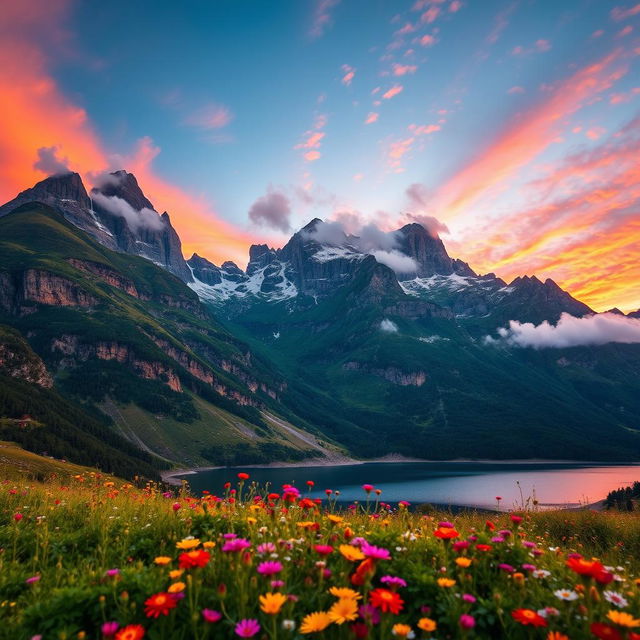 A breathtaking mountainous landscape as the background, featuring towering peaks covered in lush greenery and patches of snow