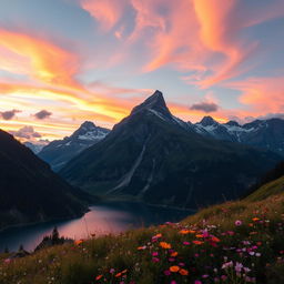 A breathtaking mountainous landscape as the background, featuring towering peaks covered in lush greenery and patches of snow