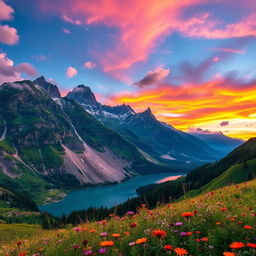 A breathtaking mountainous landscape as the background, featuring towering peaks covered in lush greenery and patches of snow