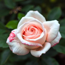 A beautiful white rose with subtle red hues blending into the petals, showcasing intricate details and a soft glow, surrounded by lush green leaves