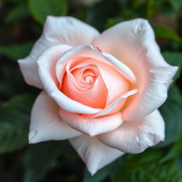 A beautiful white rose with subtle red hues blending into the petals, showcasing intricate details and a soft glow, surrounded by lush green leaves