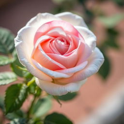A beautiful white rose with subtle red hues blending into the petals, showcasing intricate details and a soft glow, surrounded by lush green leaves