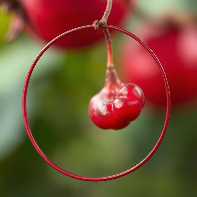 A thin, delicate circle shaped like a pomegranate, showcasing its unique round form and intricate texture, with a vibrant red color and subtle highlights that suggest a shiny surface