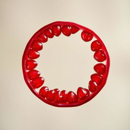 A thin, delicate circle shaped like a pomegranate, showcasing its unique round form and intricate texture, with a vibrant red color and subtle highlights that suggest a shiny surface